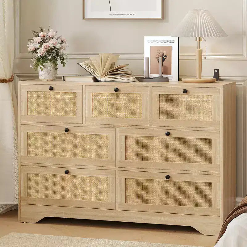 Rattan 7 Drawer Dresser for Bedroom, Farmhouse Modern Dressers & Chests of Drawers, for Closet, Living Room, Entryway, Hallway, Oak