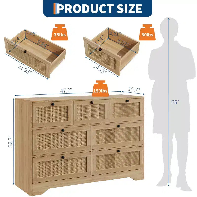 Commode en rotin à 7 tiroirs pour chambre à coucher, commodes et chiffonniers modernes de style fermier, pour placard, salon, entrée, couloir, chêne