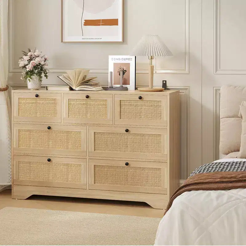 Commode en rotin à 7 tiroirs pour chambre à coucher, commodes et chiffonniers modernes de style fermier, pour placard, salon, entrée, couloir, chêne
