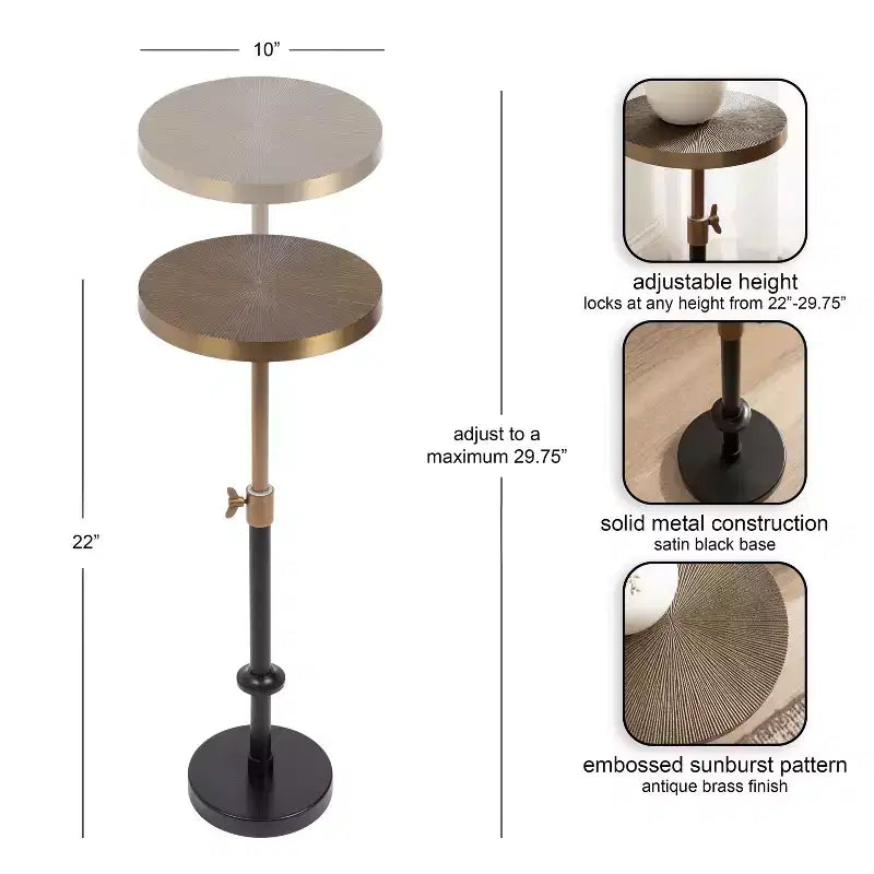 Table et Support pour Plantes Réglables en Métal Gaufré, 10x10x30, Or et Noir