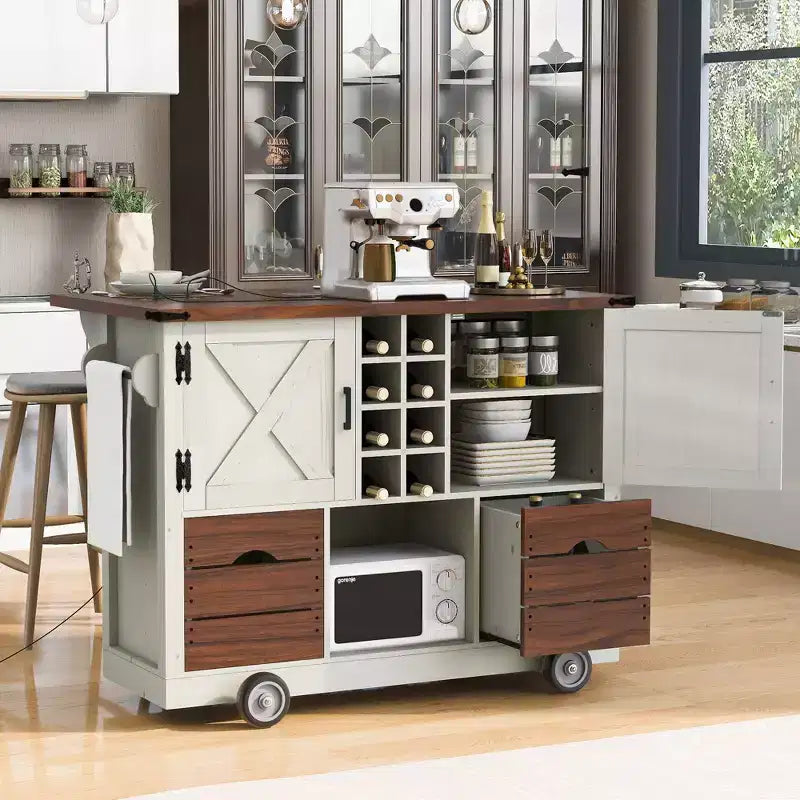 Îlot de cuisine avec abattant et prise électrique, organisateur de comptoir avec 2 portes, 2 tiroirs, chariot de cuisine pour la cuisine, la salle à manger