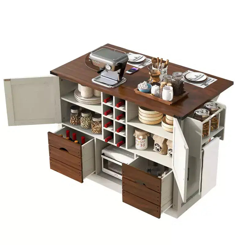 Îlot de cuisine avec abattant et prise électrique, organisateur de comptoir avec 2 portes, 2 tiroirs, chariot de cuisine pour la cuisine, la salle à manger