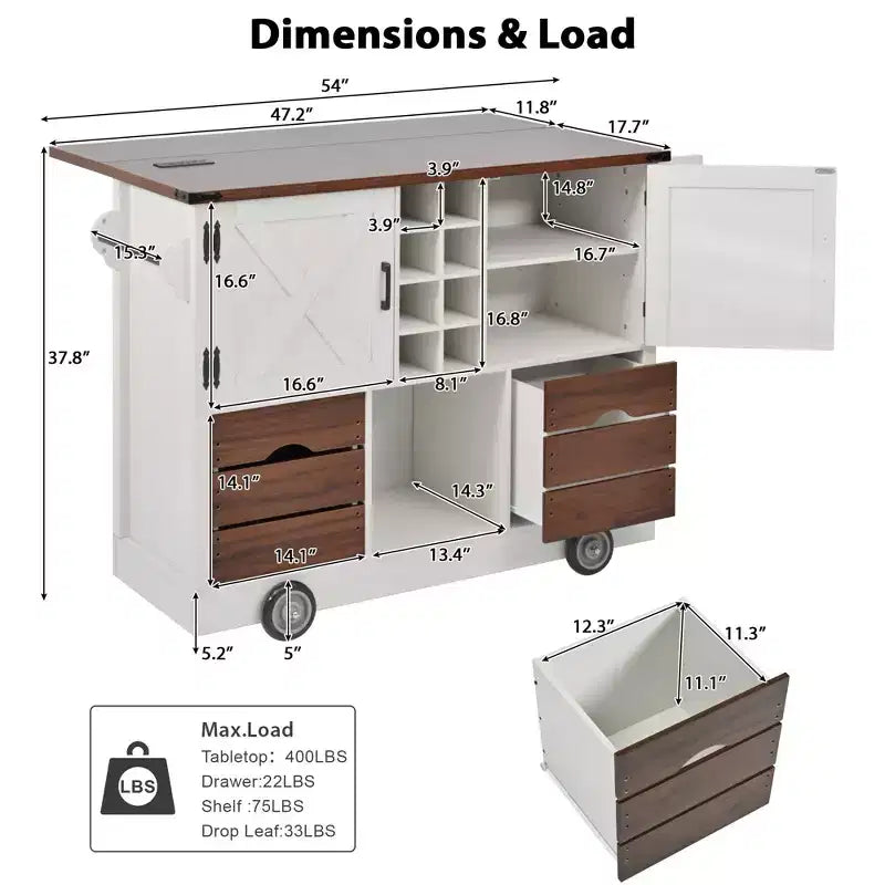 Îlot de cuisine avec abattant et prise électrique, organisateur de comptoir avec 2 portes, 2 tiroirs, chariot de cuisine pour la cuisine, la salle à manger