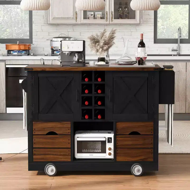 Îlot de cuisine avec abattant et prise électrique, organisateur de comptoir avec 2 portes, 2 tiroirs, chariot de cuisine pour la cuisine, la salle à manger