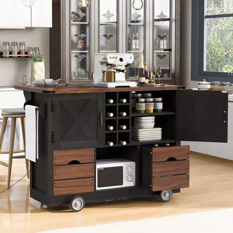 Îlot de cuisine avec abattant et prise électrique, organisateur de comptoir avec 2 portes, 2 tiroirs, chariot de cuisine pour la cuisine, la salle à manger