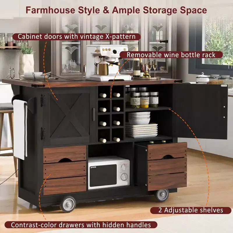 Îlot de cuisine avec abattant et prise électrique, organisateur de comptoir avec 2 portes, 2 tiroirs, chariot de cuisine pour la cuisine, la salle à manger