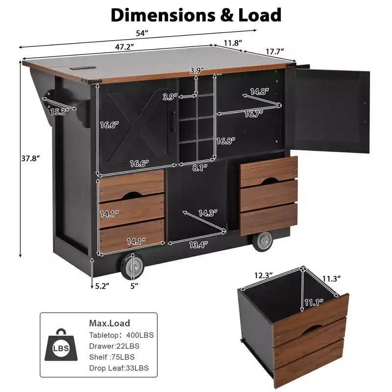 Îlot de cuisine avec abattant et prise électrique, organisateur de comptoir avec 2 portes, 2 tiroirs, chariot de cuisine pour la cuisine, la salle à manger