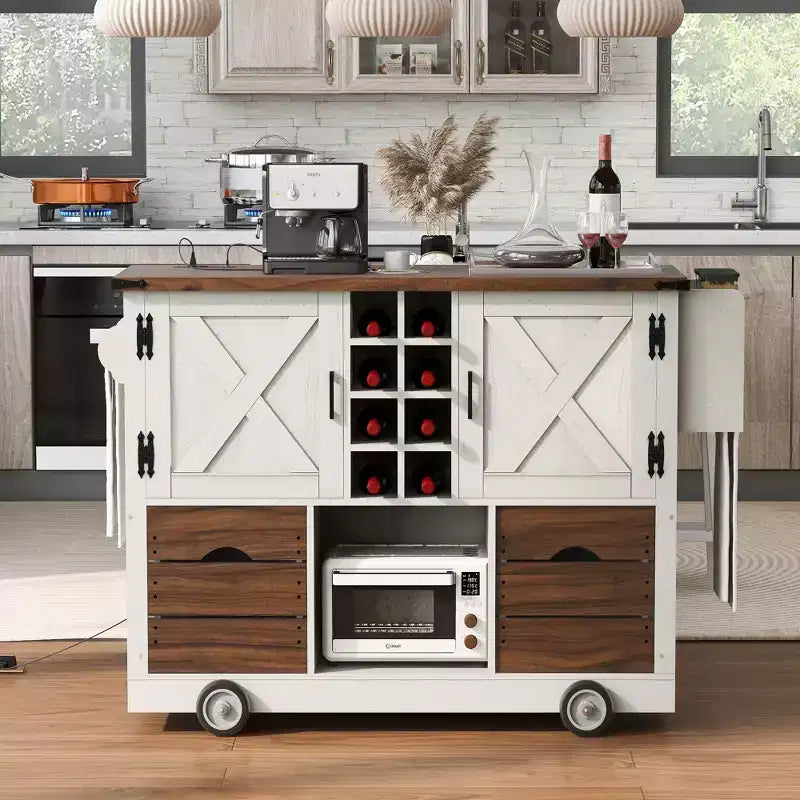 Îlot de cuisine avec abattant et prise électrique, organisateur de comptoir avec 2 portes, 2 tiroirs, chariot de cuisine pour la cuisine, la salle à manger