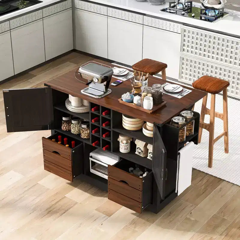 Îlot de cuisine avec abattant et prise électrique, organisateur de comptoir avec 2 portes, 2 tiroirs, chariot de cuisine pour la cuisine, la salle à manger