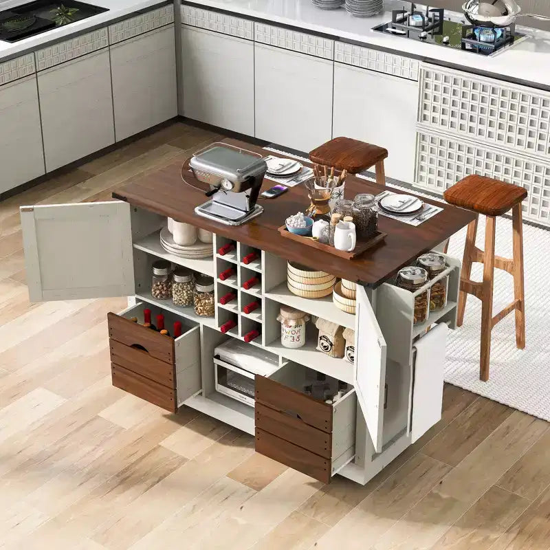 Okak Kitchen Island with Drop Leaf and Power Outlet, Countertop Organizer with 2 Doors, 2 Drawers, Kitchen Cart for Kitchen, Dining Room