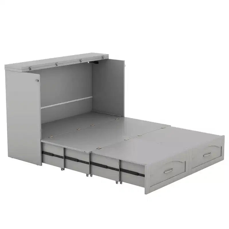 Lit escamotable grand lit/queen-size avec tiroirs de rangement, lit coffre en bois avec prises et ports USB, conception de structure à poulie