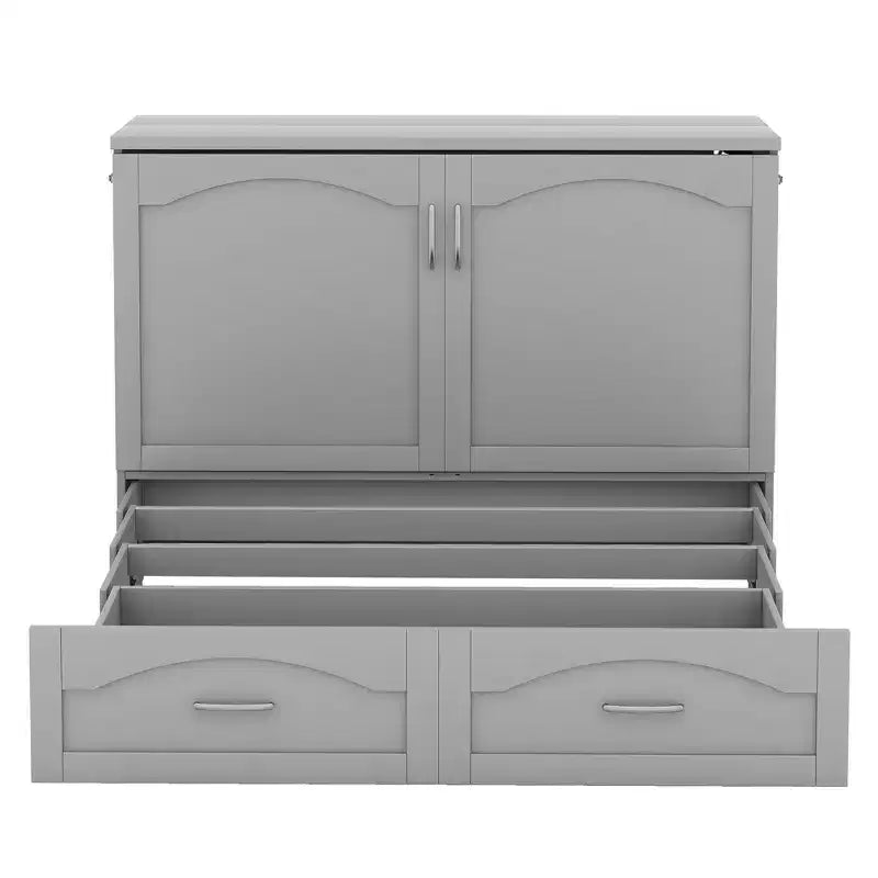 Lit escamotable grand lit/queen-size avec tiroirs de rangement, lit coffre en bois avec prises et ports USB, conception de structure à poulie