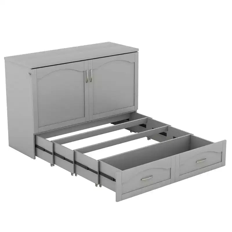 Lit escamotable grand lit/queen-size avec tiroirs de rangement, lit coffre en bois avec prises et ports USB, conception de structure à poulie