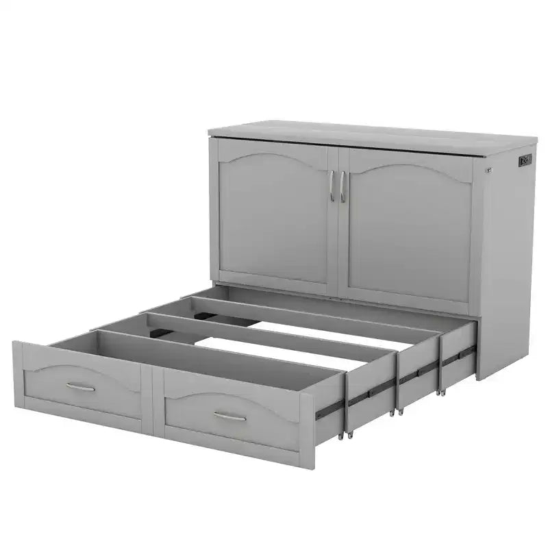 Lit escamotable grand lit/queen-size avec tiroirs de rangement, lit coffre en bois avec prises et ports USB, conception de structure à poulie