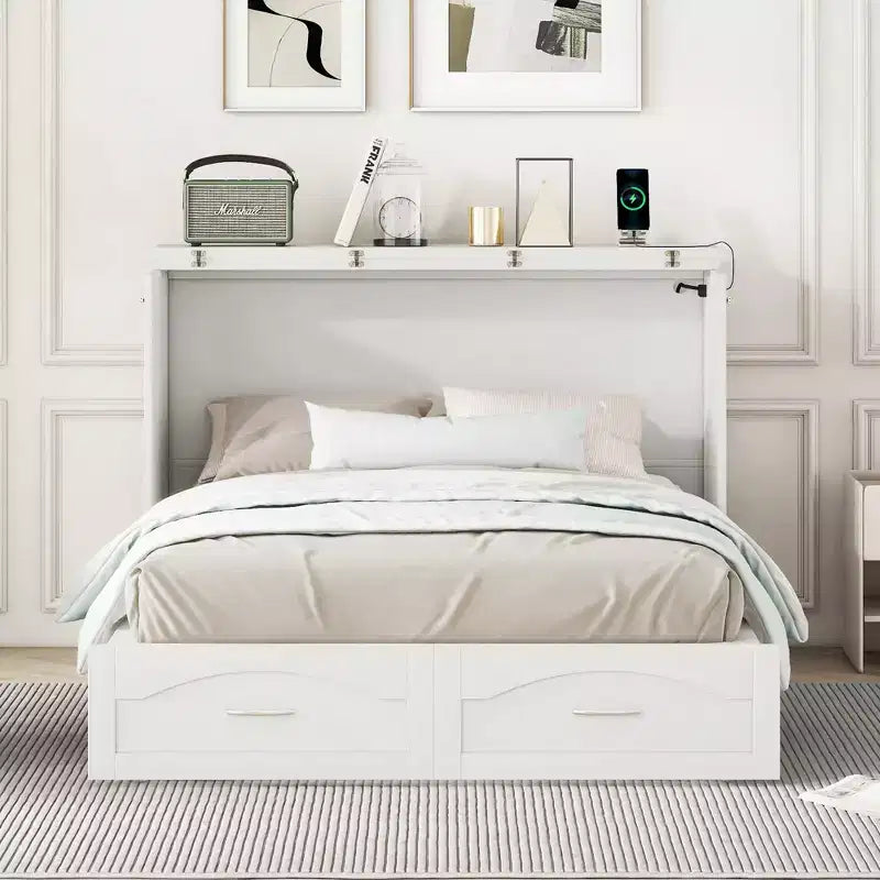 Lit escamotable grand lit/queen-size avec tiroirs de rangement, lit coffre en bois avec prises et ports USB, conception de structure à poulie