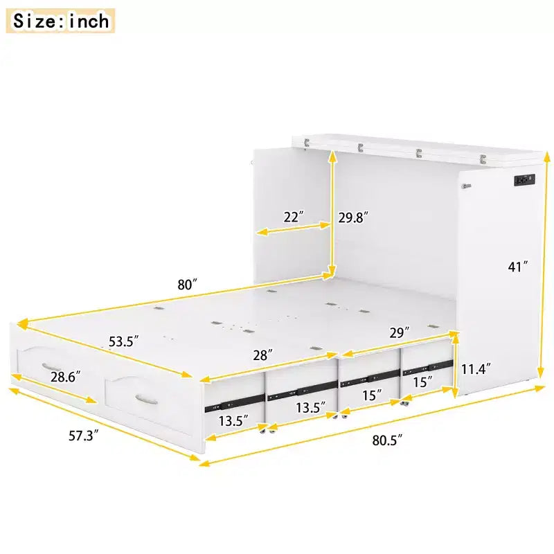 Lit escamotable grand lit/queen-size avec tiroirs de rangement, lit coffre en bois avec prises et ports USB, conception de structure à poulie