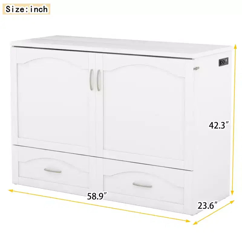 Lit escamotable grand lit/queen-size avec tiroirs de rangement, lit coffre en bois avec prises et ports USB, conception de structure à poulie