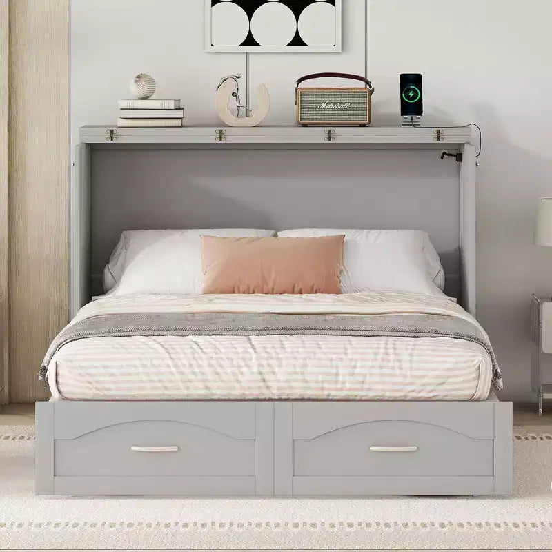 Lit escamotable grand lit/queen-size avec tiroirs de rangement, lit coffre en bois avec prises et ports USB, conception de structure à poulie