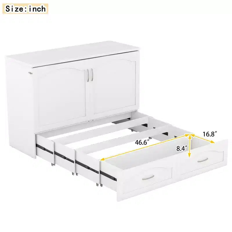 Lit escamotable grand lit/queen-size avec tiroirs de rangement, lit coffre en bois avec prises et ports USB, conception de structure à poulie