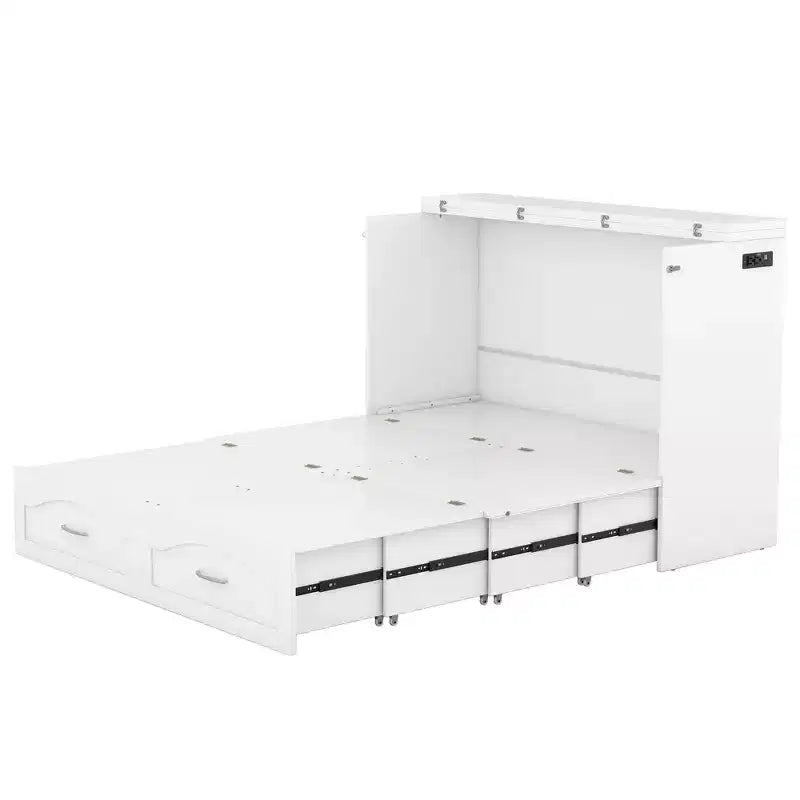 Lit escamotable grand lit/queen-size avec tiroirs de rangement, lit coffre en bois avec prises et ports USB, conception de structure à poulie