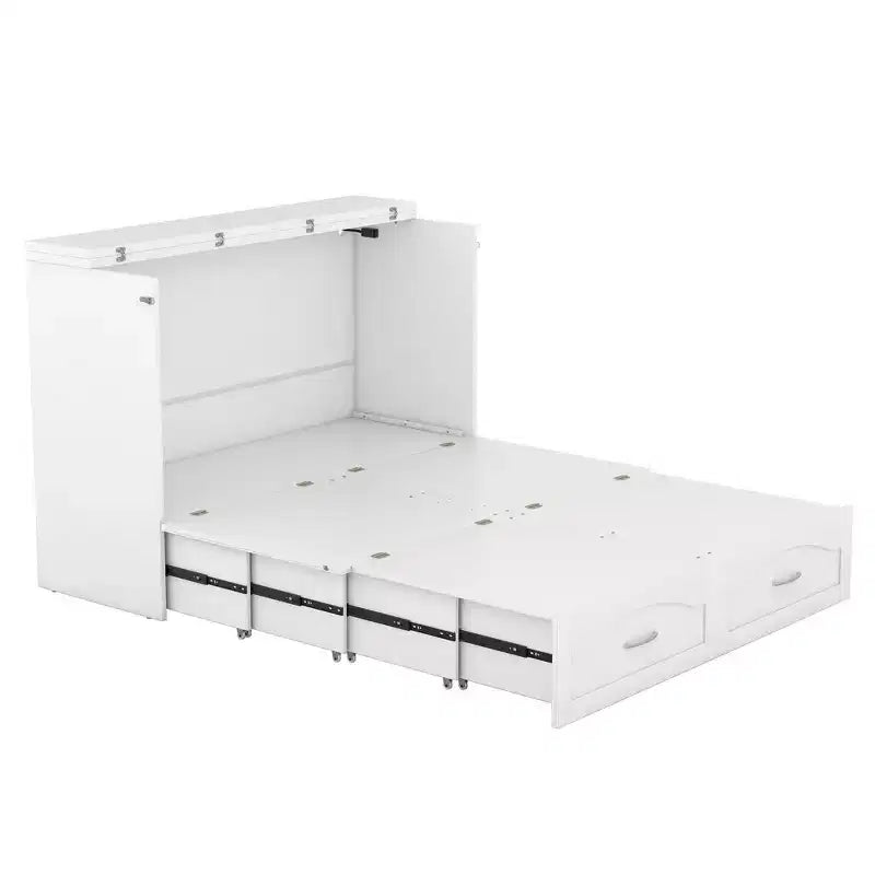 Lit escamotable grand lit/queen-size avec tiroirs de rangement, lit coffre en bois avec prises et ports USB, conception de structure à poulie