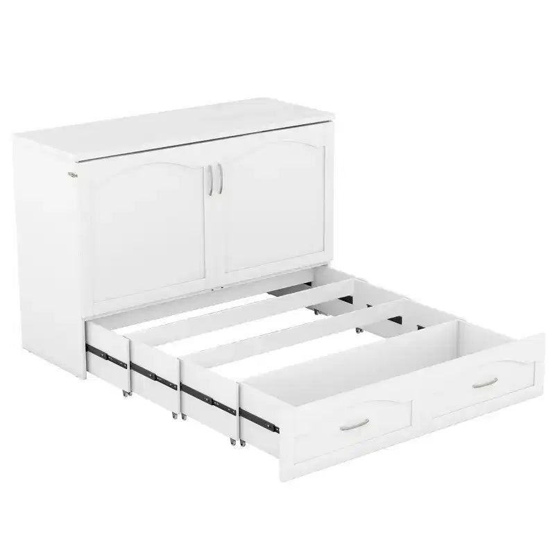 Lit escamotable grand lit/queen-size avec tiroirs de rangement, lit coffre en bois avec prises et ports USB, conception de structure à poulie