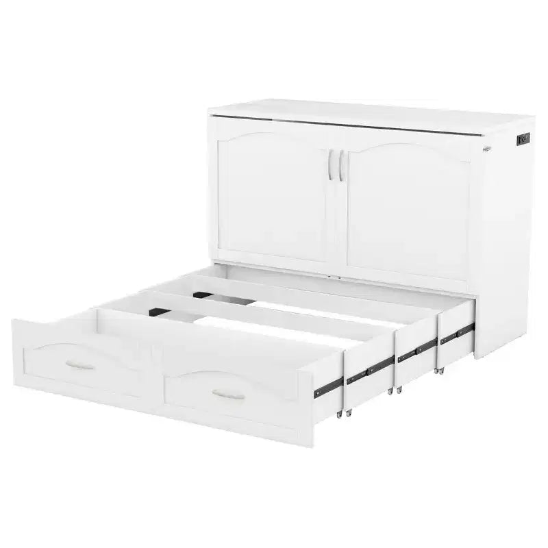 Lit escamotable grand lit/queen-size avec tiroirs de rangement, lit coffre en bois avec prises et ports USB, conception de structure à poulie