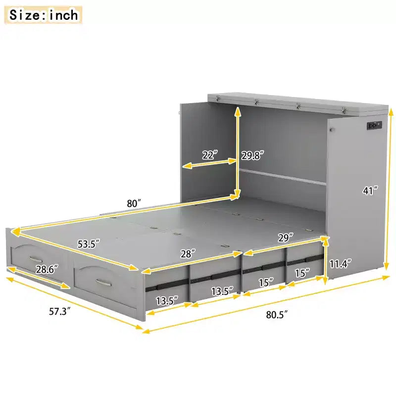 Lit escamotable grand lit/queen-size avec tiroirs de rangement, lit coffre en bois avec prises et ports USB, conception de structure à poulie