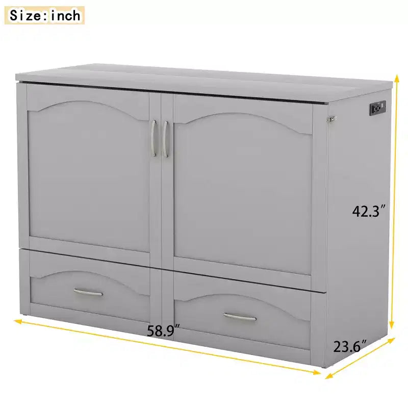 Lit escamotable grand lit/queen-size avec tiroirs de rangement, lit coffre en bois avec prises et ports USB, conception de structure à poulie