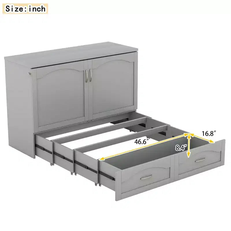 Lit escamotable grand lit/queen-size avec tiroirs de rangement, lit coffre en bois avec prises et ports USB, conception de structure à poulie