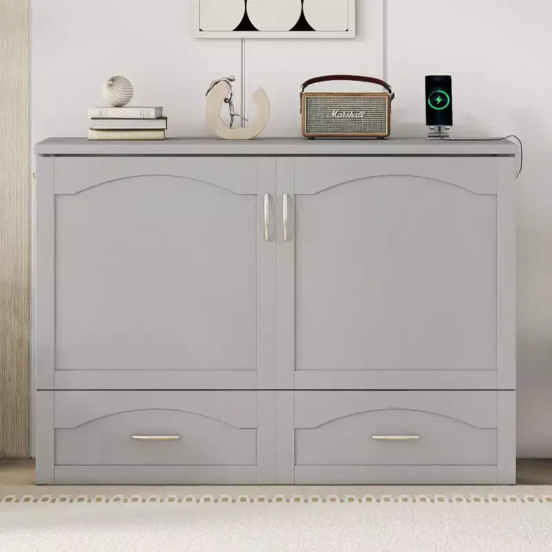 Lit escamotable grand lit/queen-size avec tiroirs de rangement, lit coffre en bois avec prises et ports USB, conception de structure à poulie