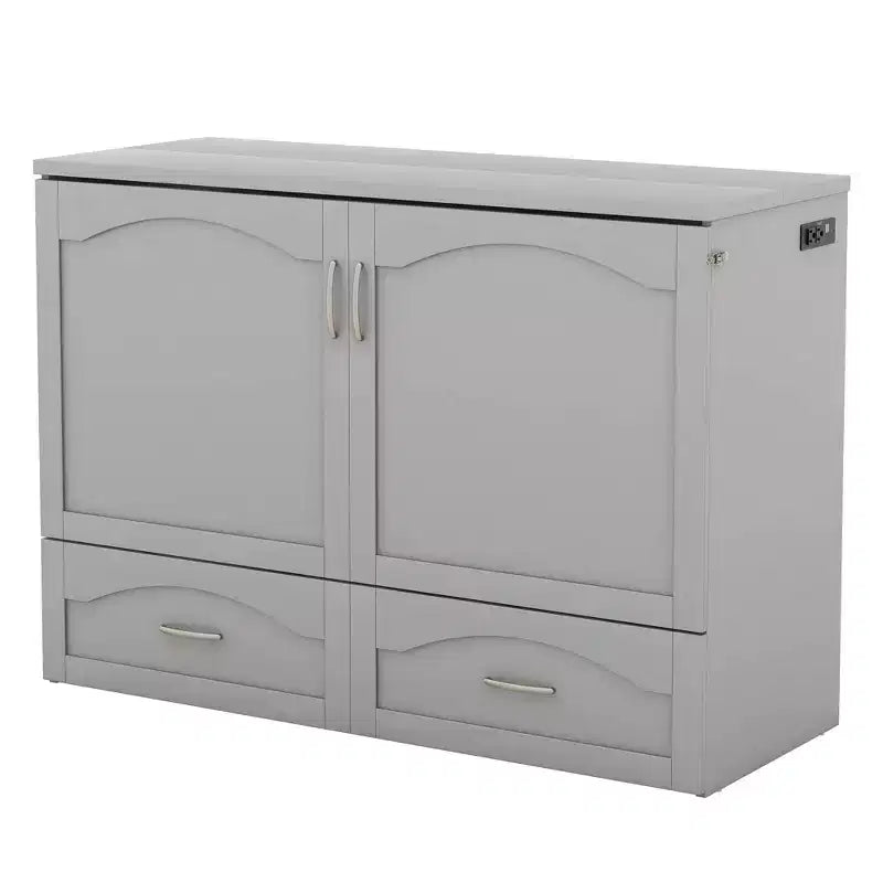Lit escamotable grand lit/queen-size avec tiroirs de rangement, lit coffre en bois avec prises et ports USB, conception de structure à poulie
