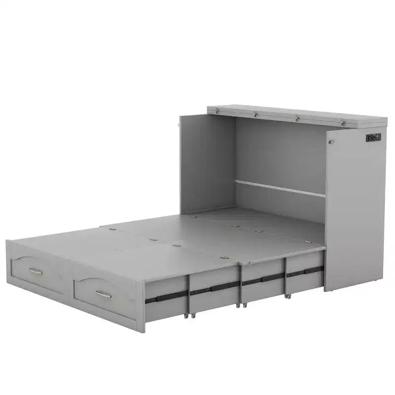 Lit escamotable grand lit/queen-size avec tiroirs de rangement, lit coffre en bois avec prises et ports USB, conception de structure à poulie