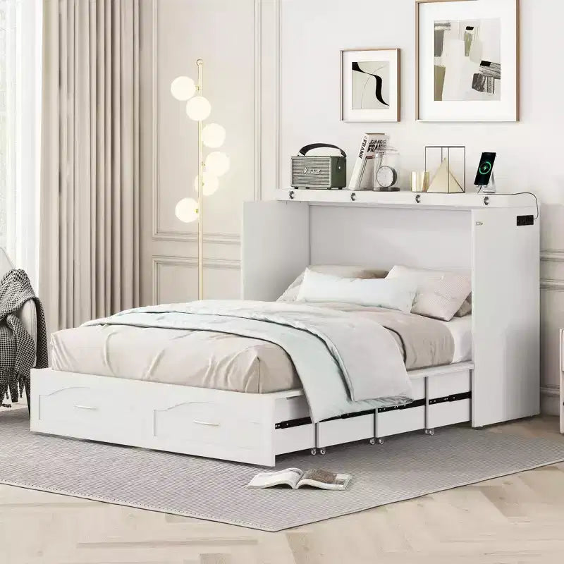 Lit escamotable grand lit/queen-size avec tiroirs de rangement, lit coffre en bois avec prises et ports USB, conception de structure à poulie