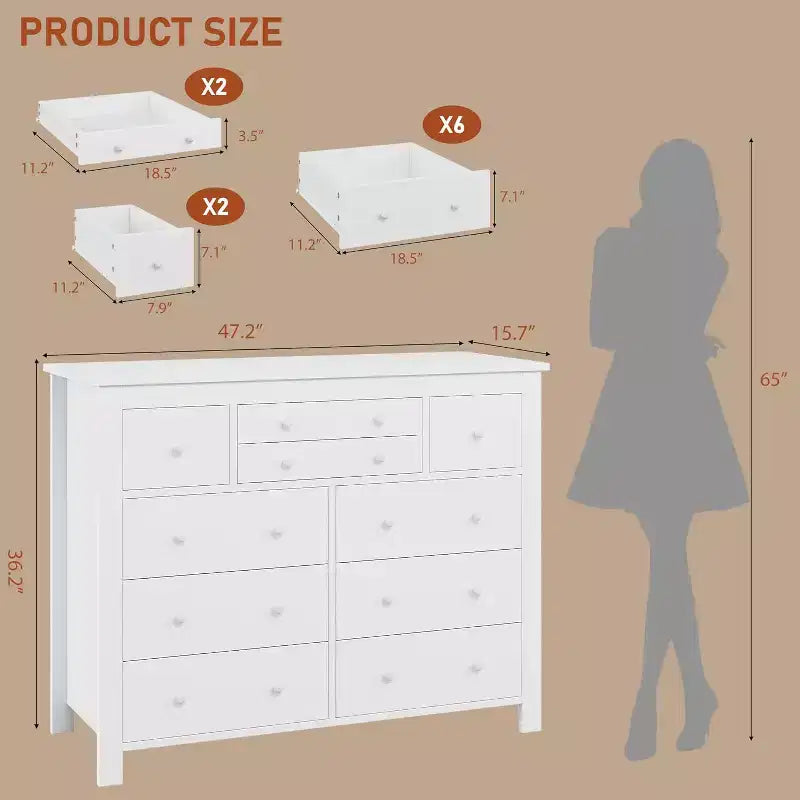 Commode de chambre à 10 tiroirs, commode en bois moderne avec texture naturelle