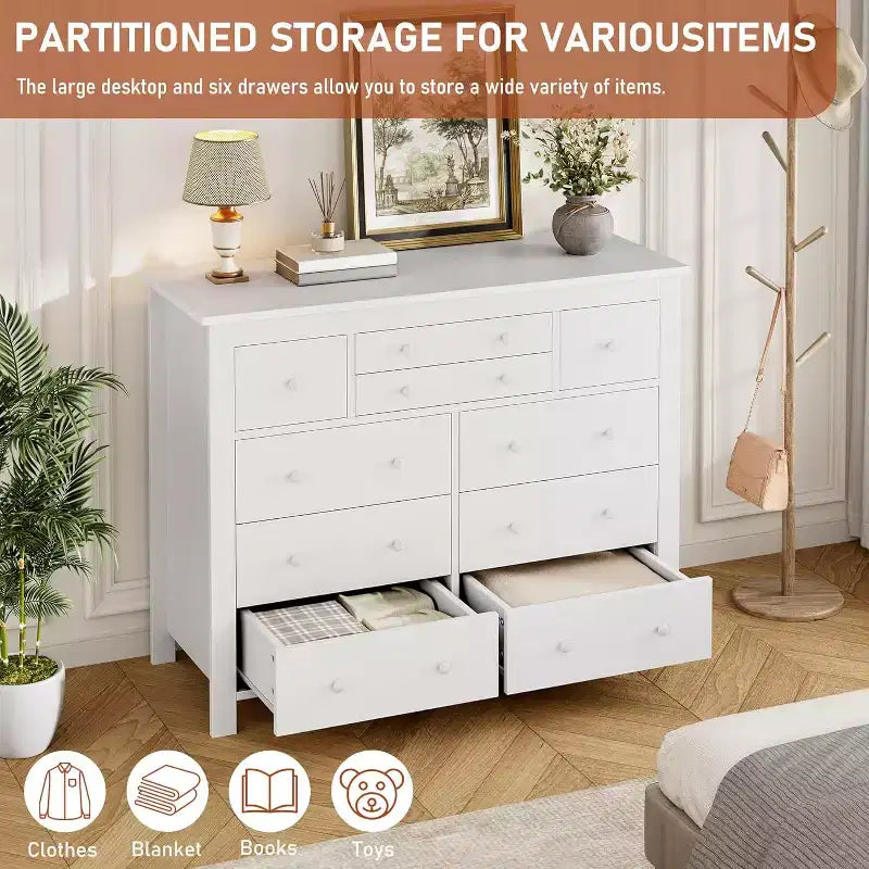Commode de chambre à 10 tiroirs, commode en bois moderne avec texture naturelle