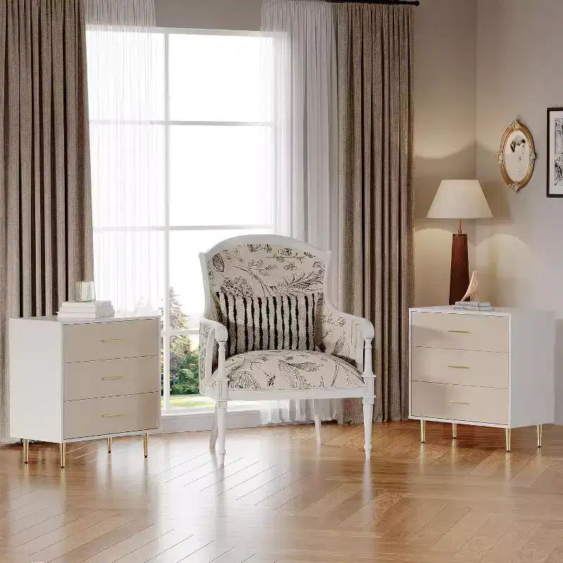 Commode blanche à 5 tiroirs, commode haute et étroite, commode en bois fin avec poignées et pieds en métal doré