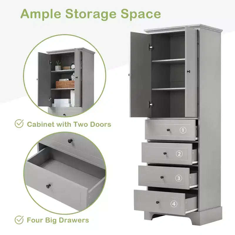 Meuble de rangement haut sur pied, avec 4 tiroirs et 2 portes, armoire de rangement de salle de bain avec étagère réglable pour salle de bain, salon