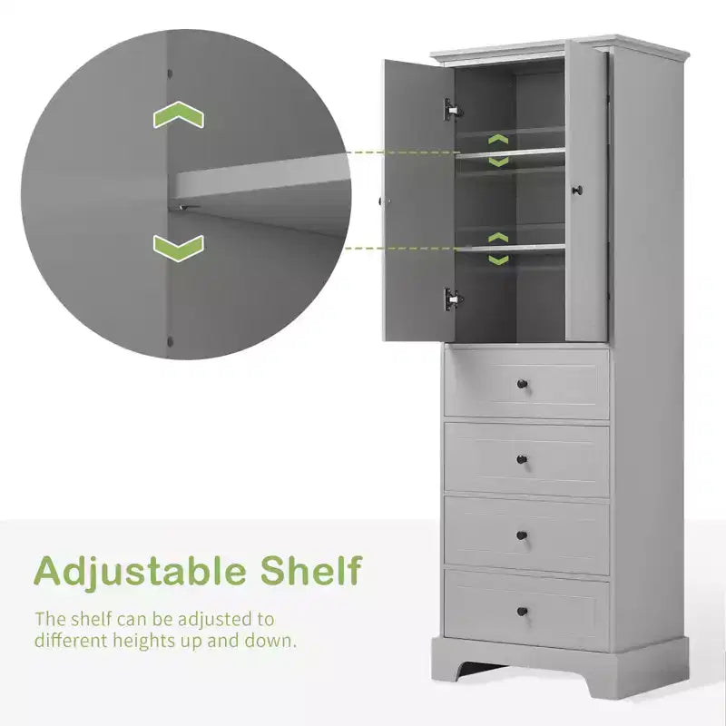 Meuble de rangement haut sur pied, avec 4 tiroirs et 2 portes, armoire de rangement de salle de bain avec étagère réglable pour salle de bain, salon