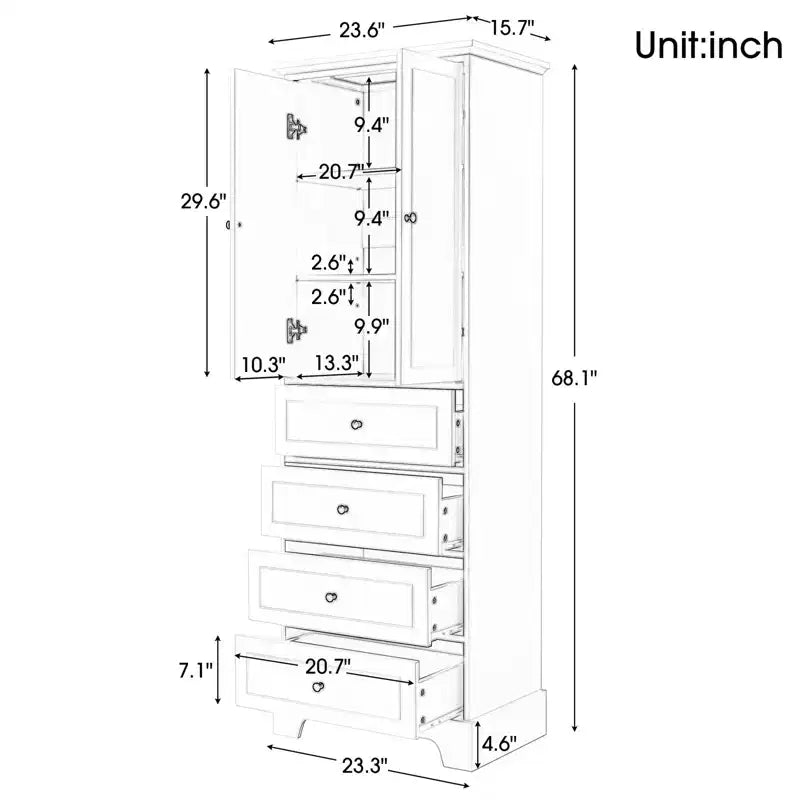 Meuble de rangement haut sur pied, avec 4 tiroirs et 2 portes, armoire de rangement de salle de bain avec étagère réglable pour salle de bain, salon