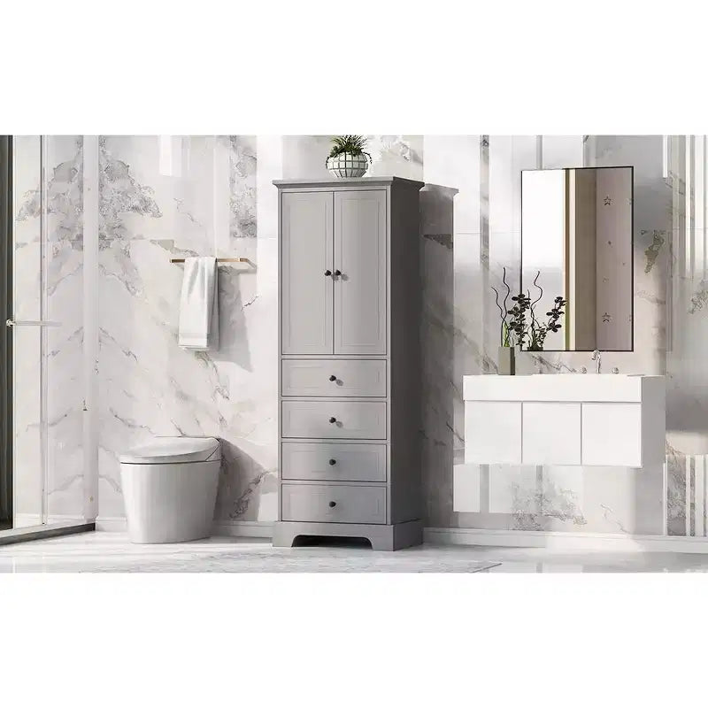 Meuble de rangement haut sur pied, avec 4 tiroirs et 2 portes, armoire de rangement de salle de bain avec étagère réglable pour salle de bain, salon