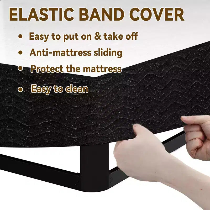 Sommier Queen Size, structure en métal renforcé, équipé d'une housse de protection style bonnet élastique.