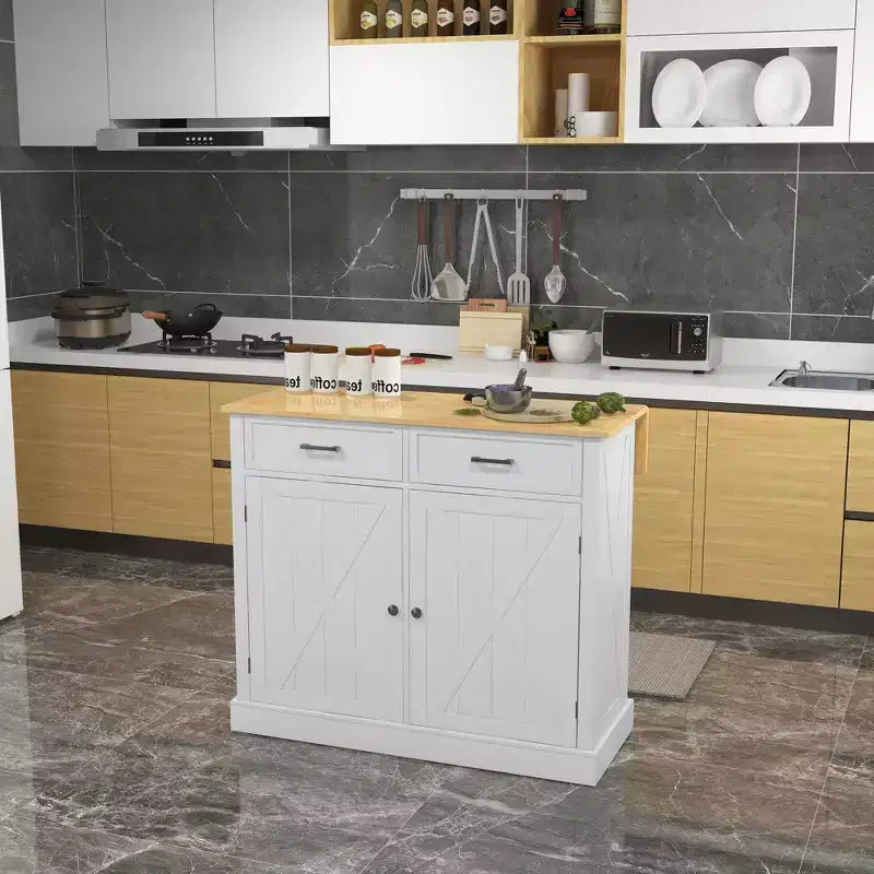 Desserte de Cuisine de Ferme avec Abattant en Bois d'Hévéa, Îlot de Cuisine avec Tiroirs et Étagères Réglables pour Salle à Manger, Blanc
