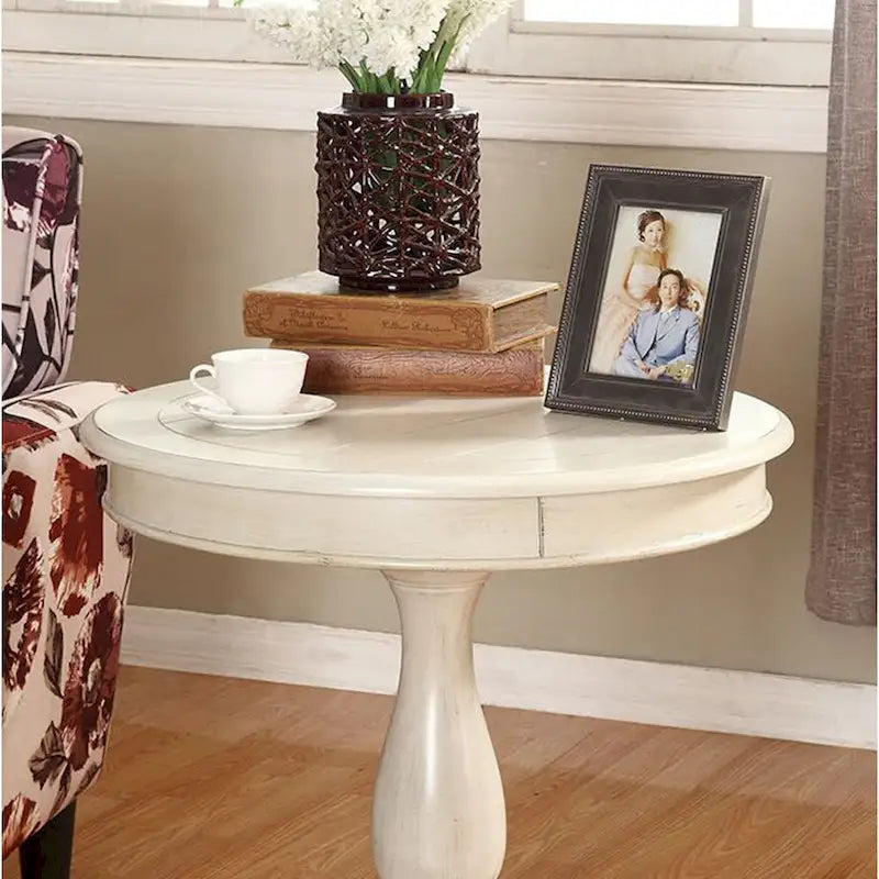 Rene Round Wood Pedestal End Table with Scrolled Legs