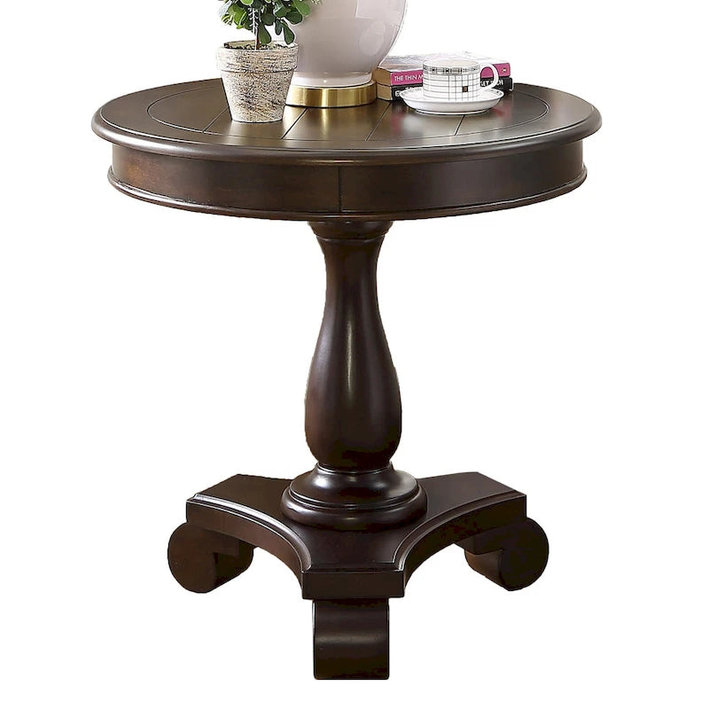 Rene Round Wood Pedestal End Table with Scrolled Legs