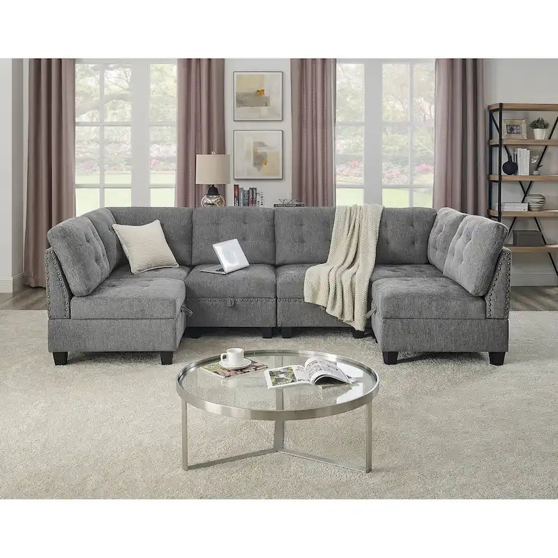 DIY Combination Modular Sectional Sofa with Hidden Storage and Copper Nail Inlays