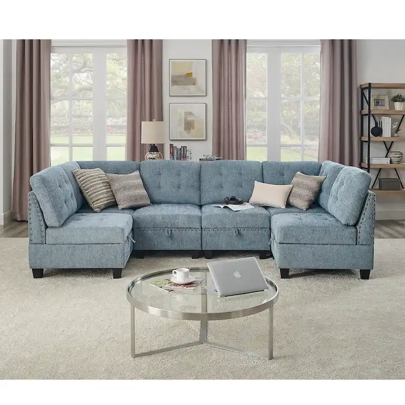 DIY Combination Modular Sectional Sofa with Hidden Storage and Copper Nail Inlays