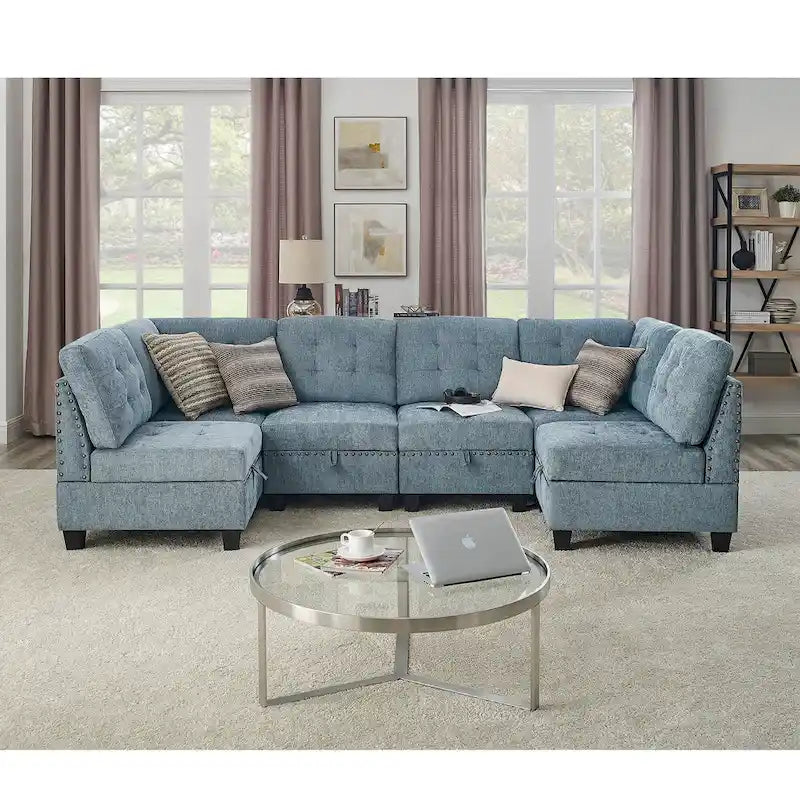 DIY Combination Modular Sectional Sofa with Hidden Storage and Copper Nail Inlays