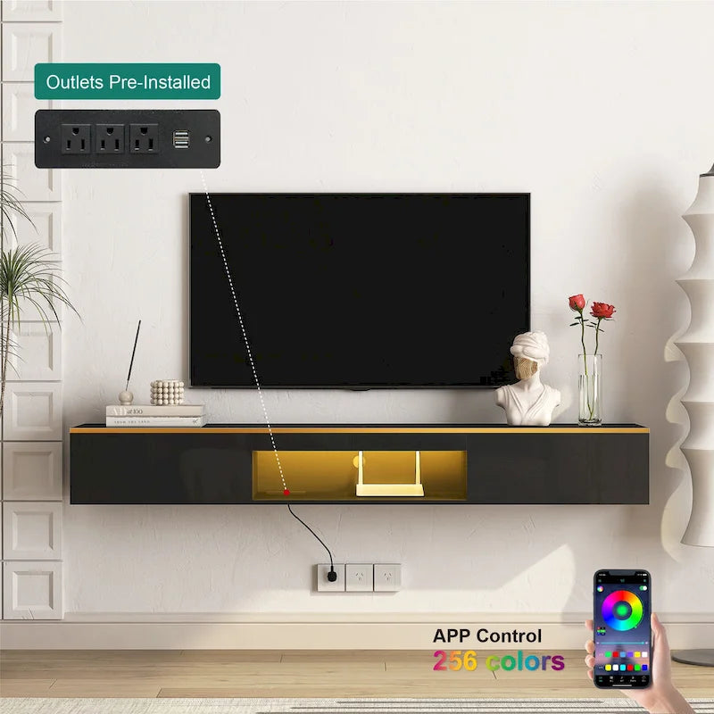Floating TV Stand Wall Mounted with 16 Color LEDs,69 Modern TV Stand, Floating TV Cabinet Entertainment Center