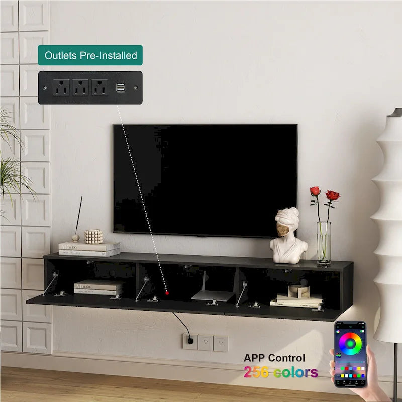 Floating TV Stand Wall Mounted with 16 Color LEDs,69 Modern TV Stand, Floating TV Cabinet Entertainment Center